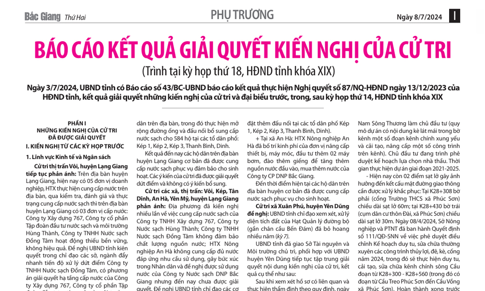 Báo cáo kết quả giải quyết kiến nghị của cử tri trình tại kỳ họp thứ 18, HĐND tỉnh